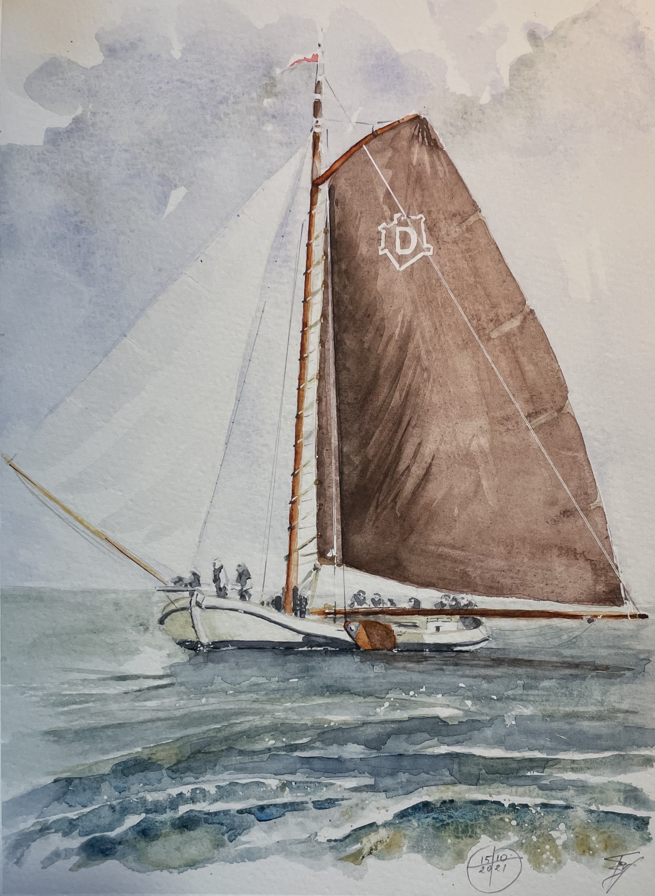 Aquarelschilderij van Skûtsje Ebenhaëzer onder zeil, gemaakt door Rienk Vlieger uit Eastermar